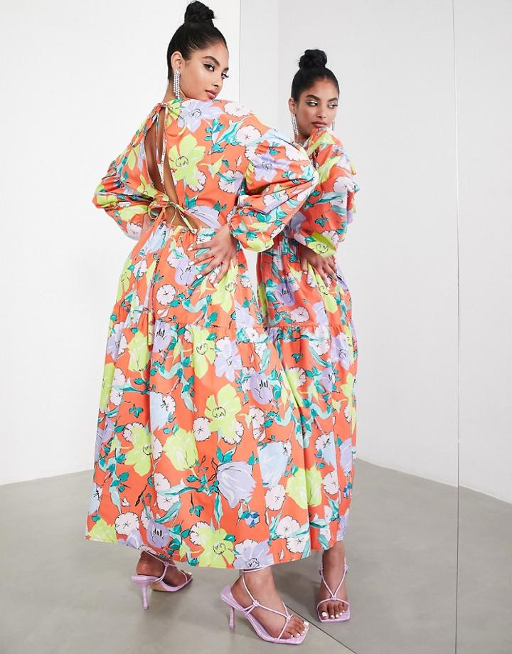 Asos Edition Oversized Smock Midi Dress With Cut Out Back In Orange Floral Print