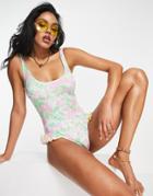 Asos Design Scoop Neck Contrast Frill Swimsuit In Mixed Ditsy Floral Print-multi