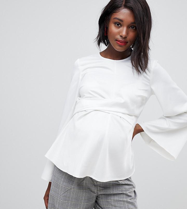 Asos Design Maternity Top With Tie Front And Bell Sleeve - White