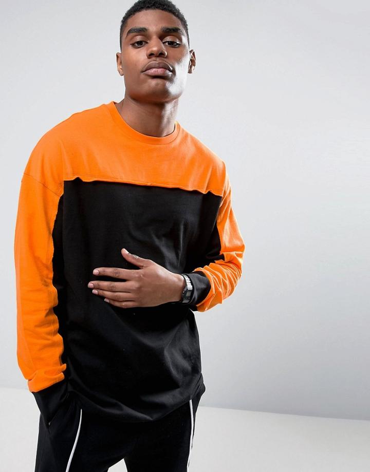 Asos Oversized Long Sleeve T-shirt With Cut & Sew In Black/ Orange - Black