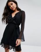 Lipsy Ruffle Wrap Dress With Fluted Sleeve - Black