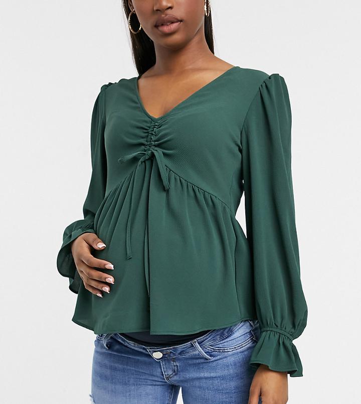 Asos Design Maternity Long Sleeve Top With Ruched Front Detail In Forest Green