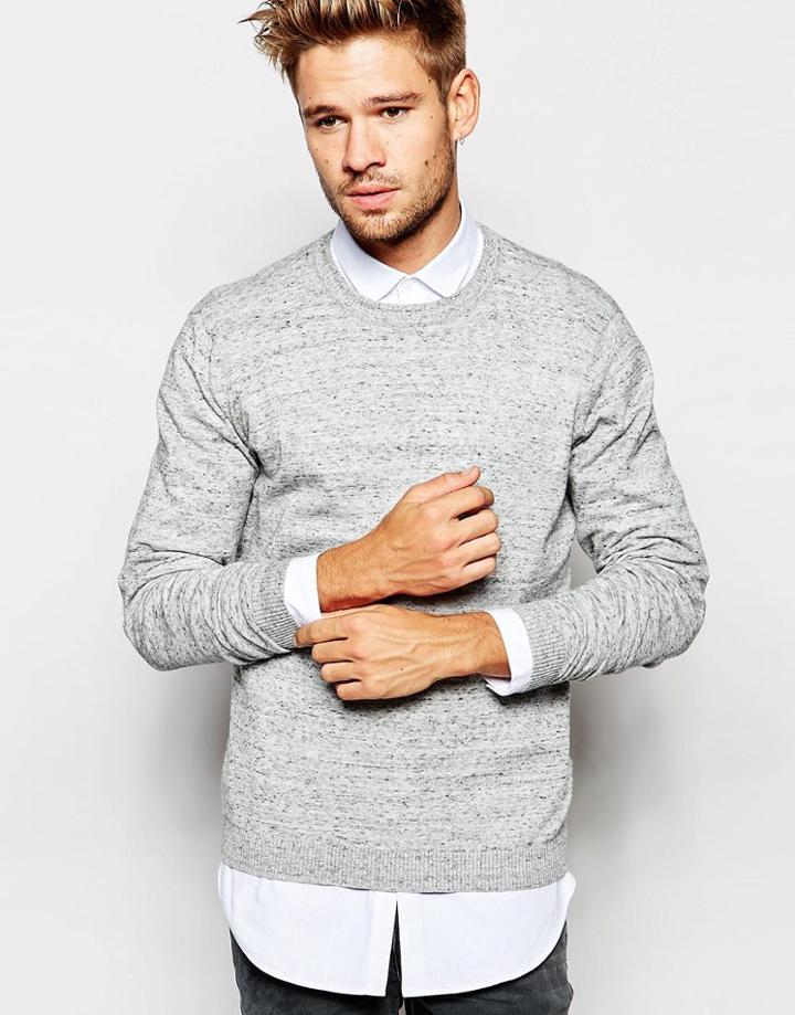 Asos Crew Neck Jumper In Grey Cotton - Gray