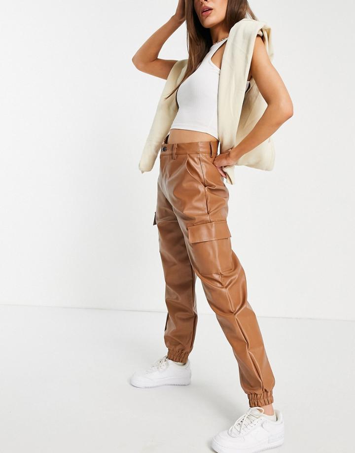 Missguided Faux Leather Cargo Pants In Tan-brown