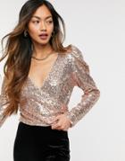 Asos Design Volume Sleeve Wrap Top In All Over Pink Sequin