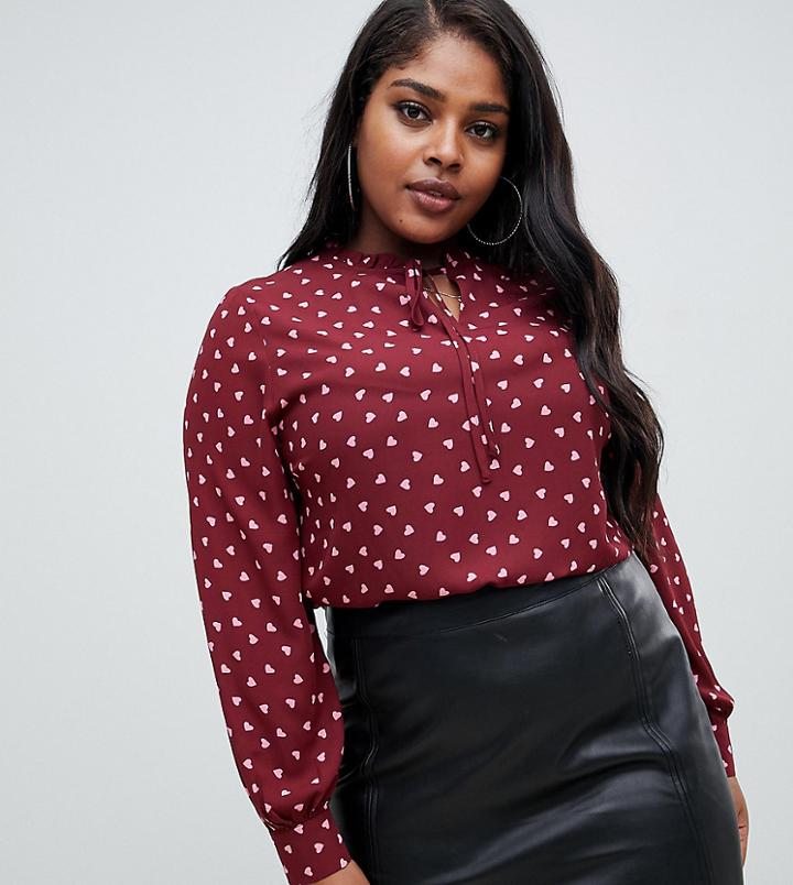 Fashion Union Plus Tie Neck Blouse In Heart Print - Red