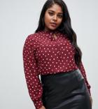 Fashion Union Plus Tie Neck Blouse In Heart Print - Red