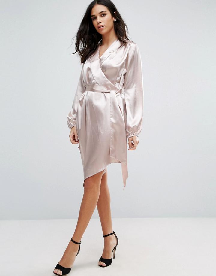 Jessica Wright Long Sleeve Satin Shirt Dress - Pink