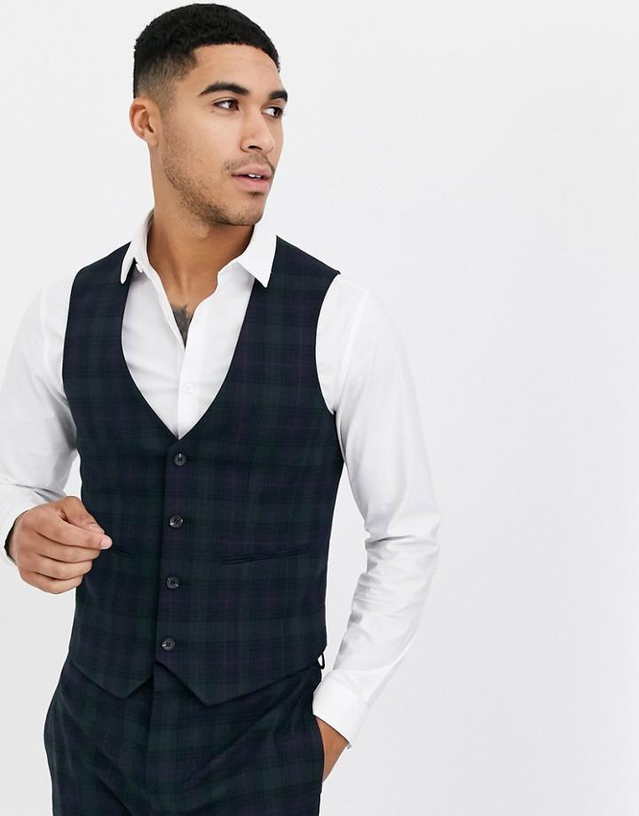 Asos Design Super Skinny Suit Suit Vest In Blackwatch Plaid Check In Navy