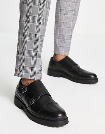 Red Tape Chunky Double Monk Shoes In Black Leather