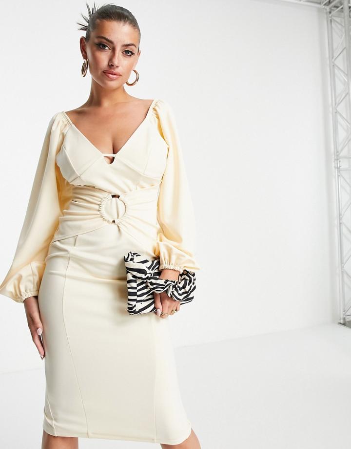 Asos Design Long Sleeve Cupped Ring Midi Pencil Dress In Stone-neutral