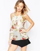 Ax Paris Overlay Detail Top In Floral Print - Cream