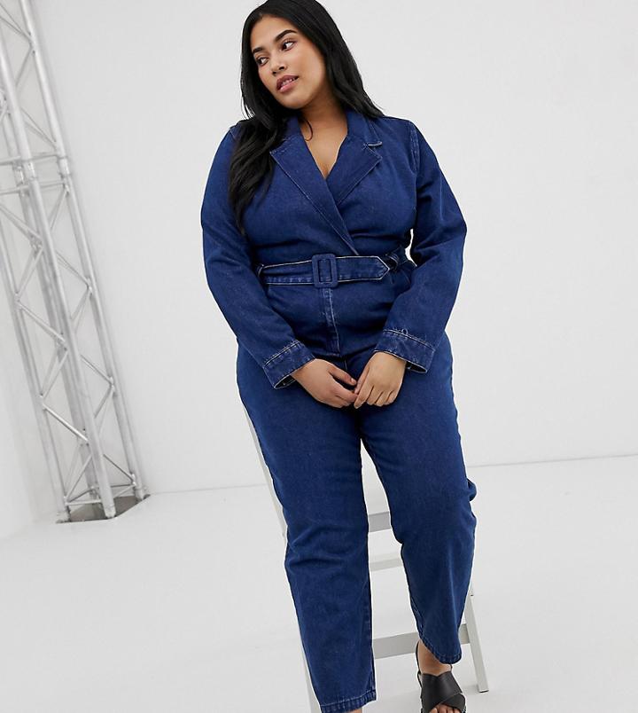 Asos Design Curve Denim Blazer Jumpsuit In Midwash Blue - Blue