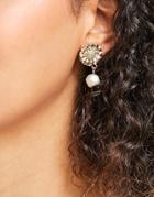 Asos Design Earrings With Flower And Pearl Drop In Gold Tone