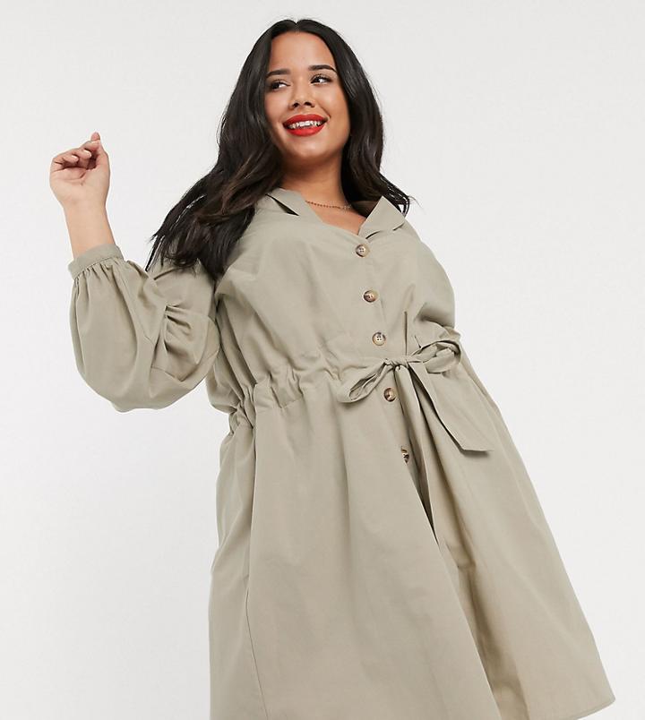 Asos Design Curve Button Through Mini Cotton Shirt Dress With Ruched Waist-cream
