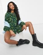 Asos Design Collar Smock Romper In Green Floral-multi