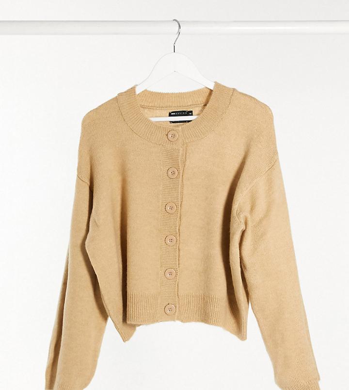 Asos Design Tall Fluffy Cardigan With Crew Neck In Camel-neutral