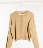 Asos Design Tall Fluffy Cardigan With Crew Neck In Camel-neutral