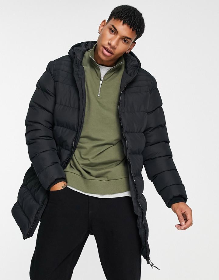 Threadbare Long Line Puffer Jacket With Hood In Black