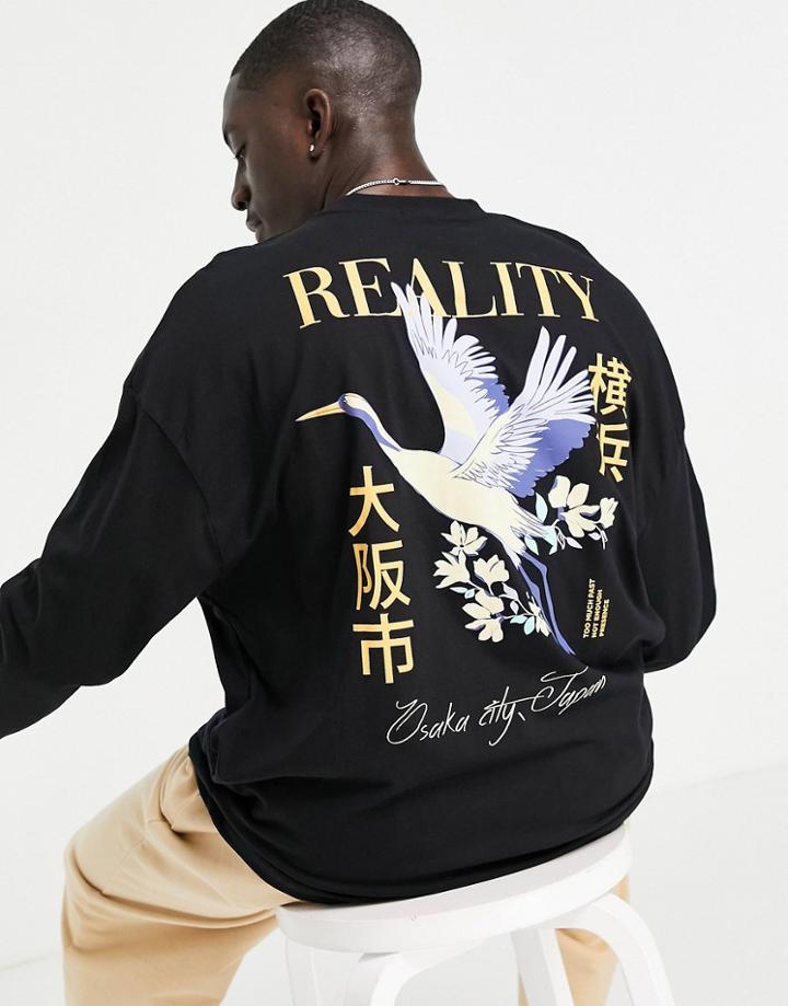 Asos Design Oversized Organic Long Sleeve T-shirt In Black With Chest & Back Bird Print