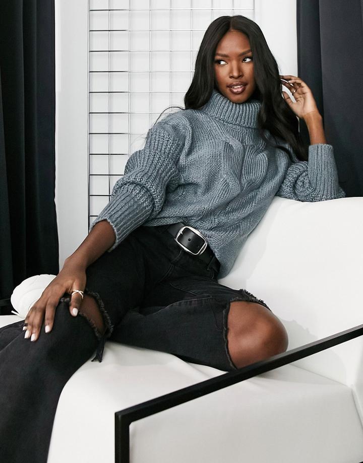 Qed London Roll Neck Cable Knit Sweater In Blue-green