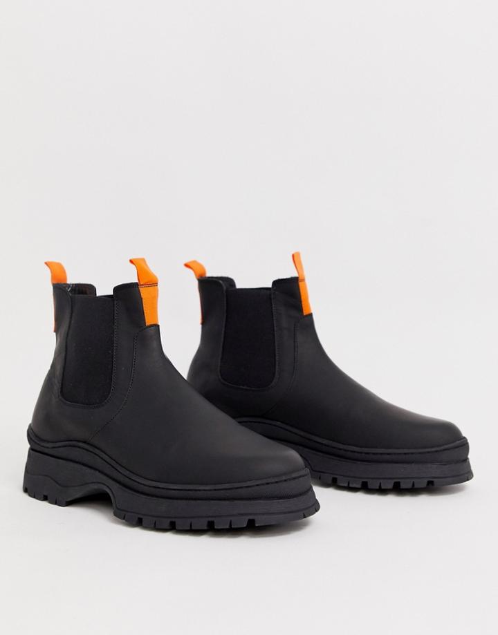 Asos Design Chelsea Sneaker Boots In Black Leather With Chunky Sole