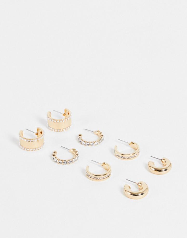 Asos Design Pack Of 4 Hoop Earrings With Chubby Crystal Design In Gold Tone