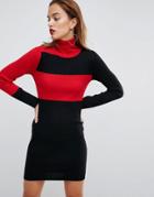 Asos Knitted Dress With High Neck In Color Block - Black