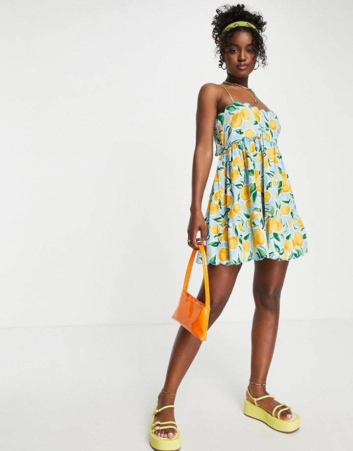 Asos Design Scallop Edge Cut Out Back Mini Sundress In Orange Print-multi