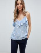 Y.a.s Clover Print Cami Top With Ruffle - Blue
