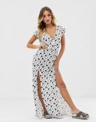 Asos Design Plunge Neck Jersey Beach Maxi Dress With Splits In Mono Polka Dot - Multi