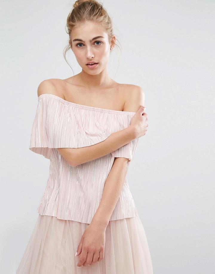 Miss Selfridge Plisse Bardot Top - Beige