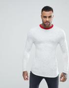 Asos Muscle Long Sleeve T-shirt In Textured Fabric With Contrast Neck And Cuff - White