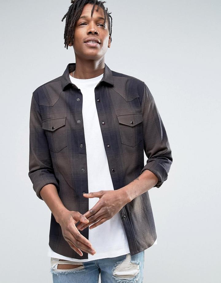 Asos Stretch Slim Western Shadow Check Shirt In Khaki - Green