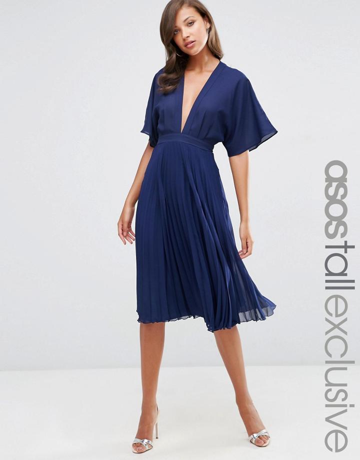 Asos Tall Kimono Sleeve Pleated Midi Dress - Blue