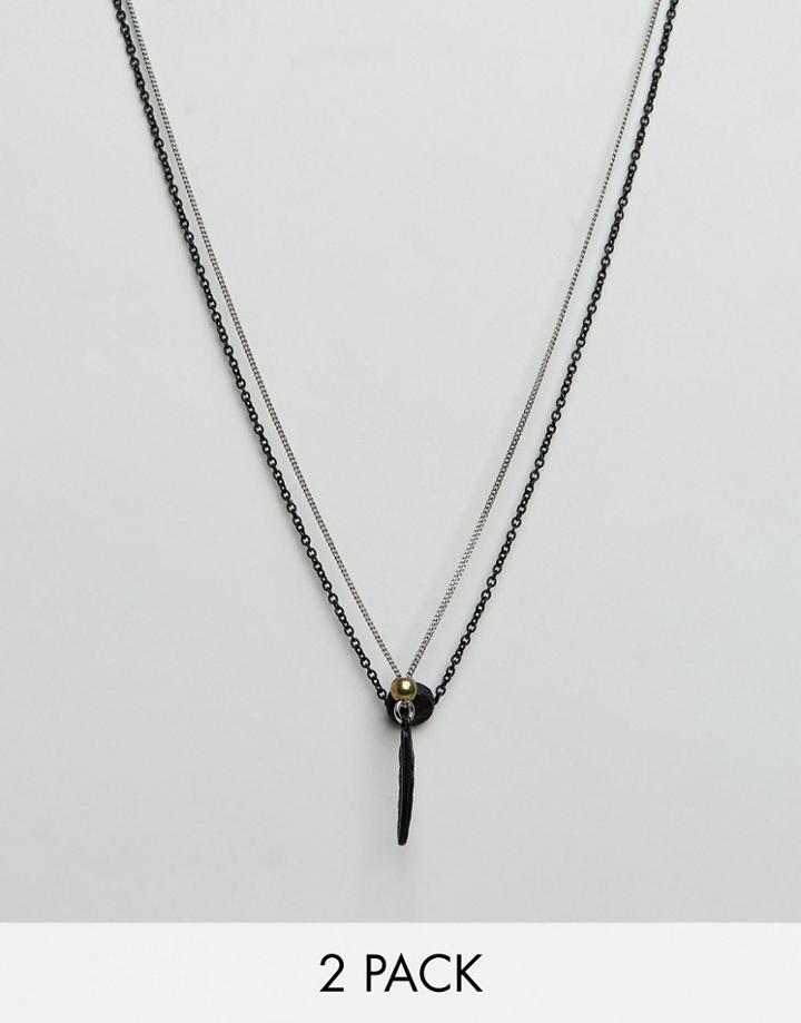 Icon Brand Feather & Disc Pendant Necklaces In 2 Pack - Black