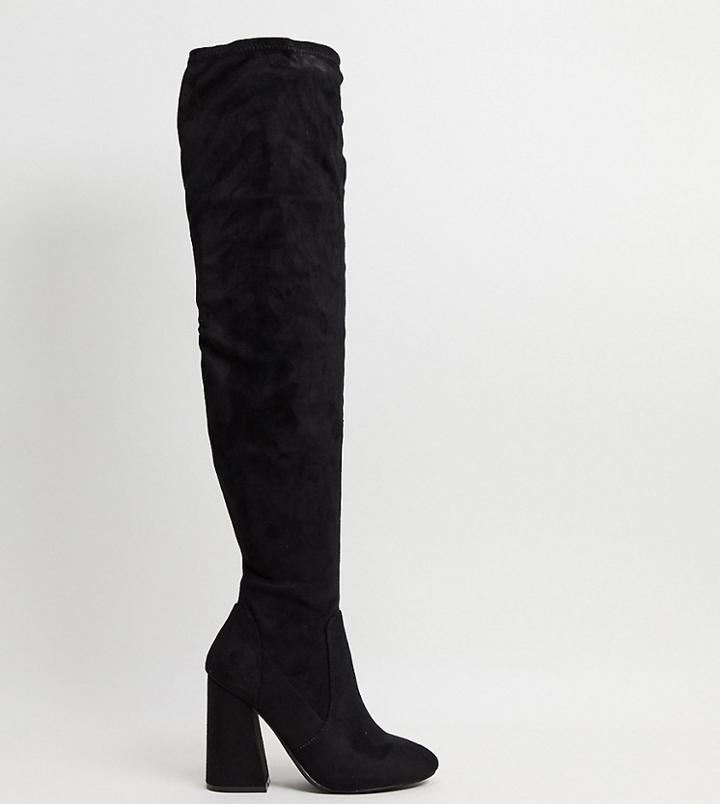 Asos Design Wide Fit Keeper Heeled Thigh High Boots In Black