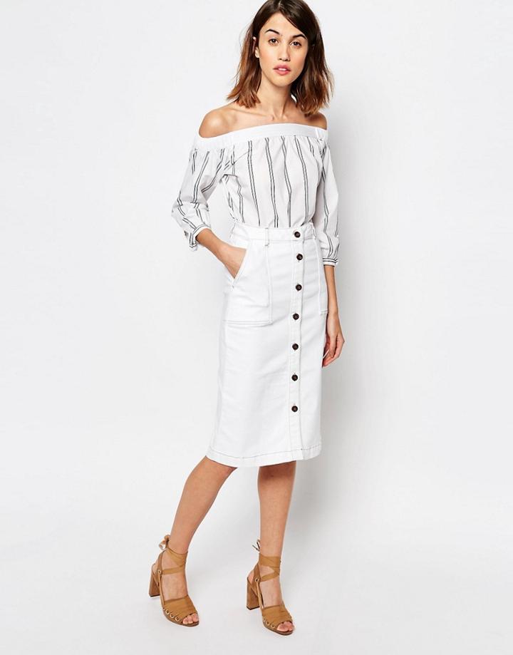 Warehouse Button Detail Midi Skirt - Cream