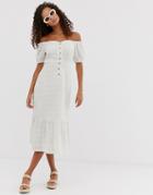 Asos Design Button Through Off Shoulder Midi Dress In Texture - White