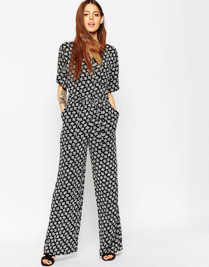 Asos Jumpsuit In Mono Geo Print With Self Belt - Multi