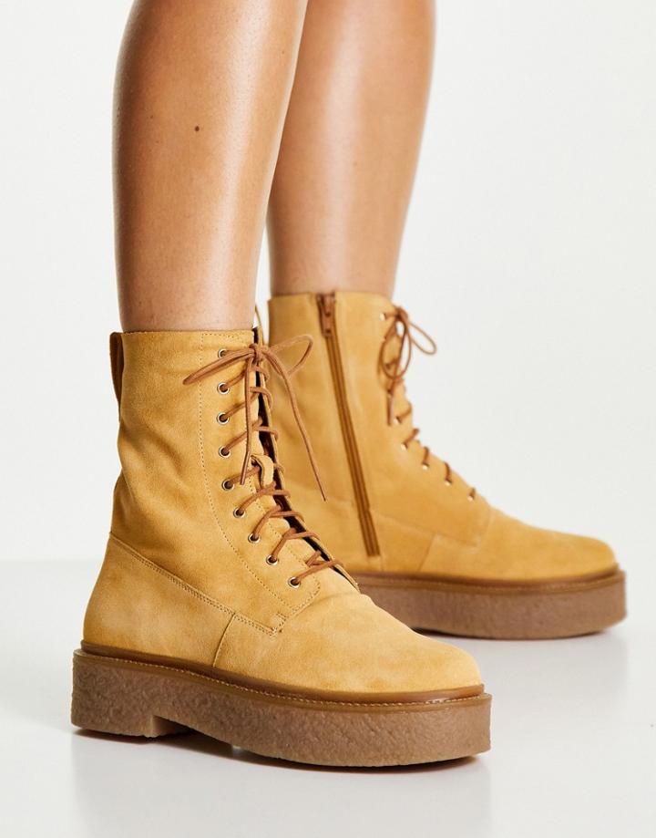 Asos Design Acolade Premium Suede Flat Lace Up Boots In Sand-neutral