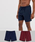 Asos Design Swim Shorts In Burgundy & Navy Mid Length 2 Pack Multipack Saving