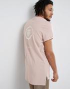 Asos Super Longline T-shirt With Chest And Back Print And Stepped Hem - Pink