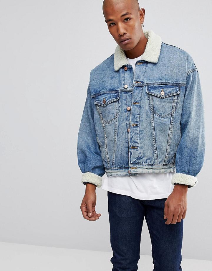 Asos Oversized Denim Jacket With Fleece Collar In Blue Wash - Blue