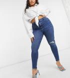 River Island Plus Molly Distressed Skinny Jeans In Mid Blue-blues