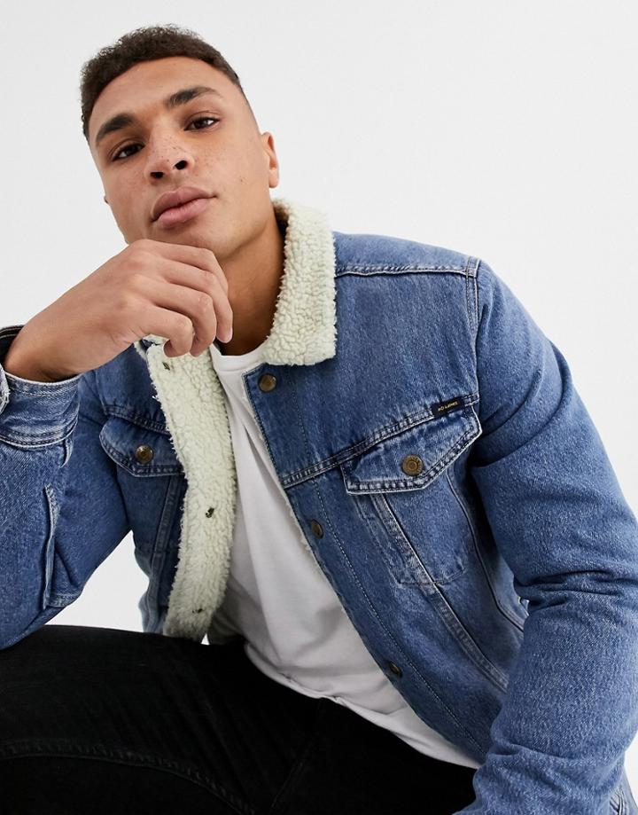 Jack & Jones Intelligence Denim Fleece Collar Jacket In Light Wash-blue