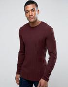 Asos Extreme Muscle Long Sleeve T-shirt In Chunky Rib In Burgundy With Curved Hem - Red