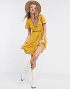 Only Mini Dress With Button Front In Yellow Polka Dot-multi