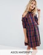 Asos Maternity Smock Dress With Cold Shoulder In Check Print - Multi