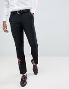 Devils Advocate Skinny Floral Embroidered Tuxedo Kick Flair Pants - Black